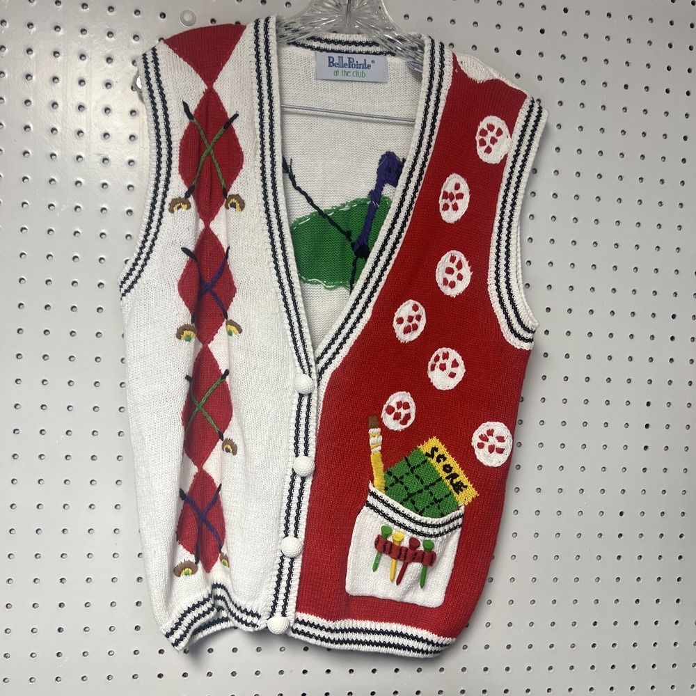 Vintage Belle Pointe Knit Golf Cardigan Sweater Vest Medium‎ At The Club